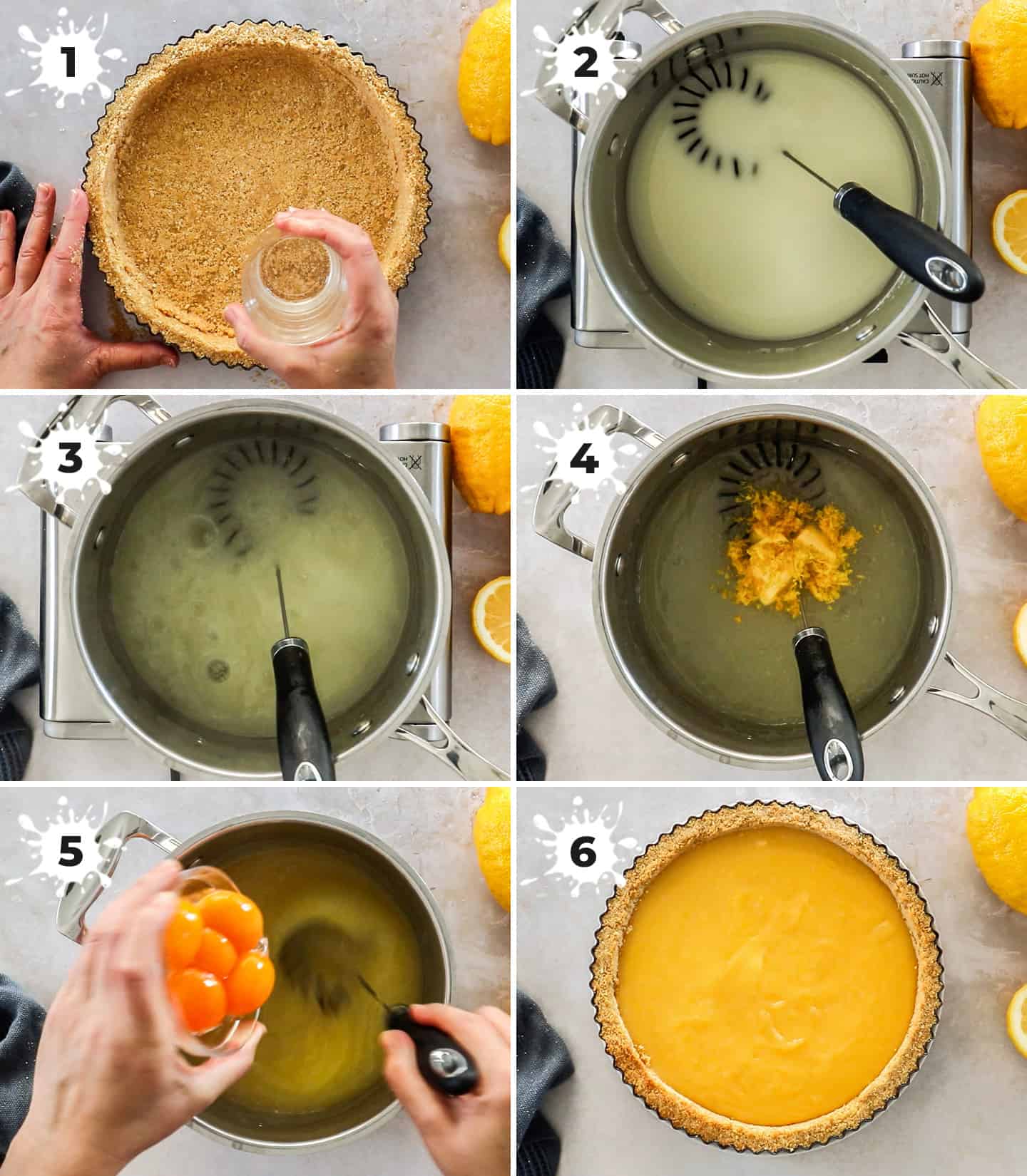 A collage of 6 images showing how to make the base and filling.