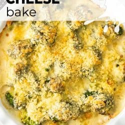 A white pie dish filled with broccoli cheese casserole.