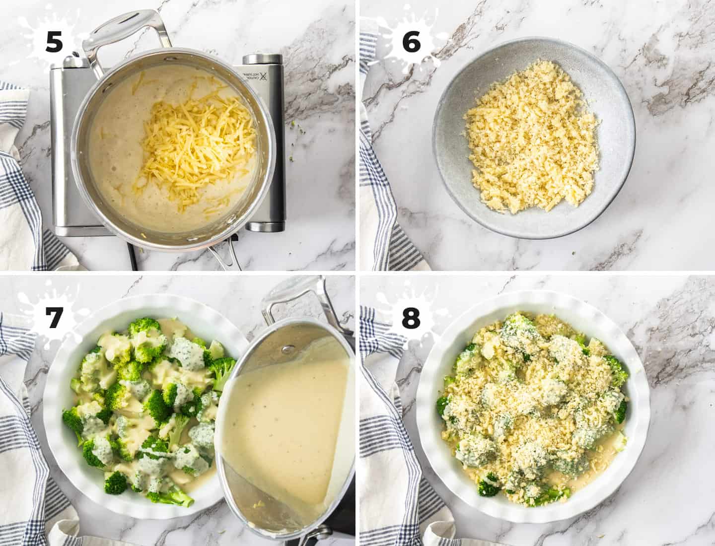 A collage of 4 images showing how to assemble the broccoli cheese.