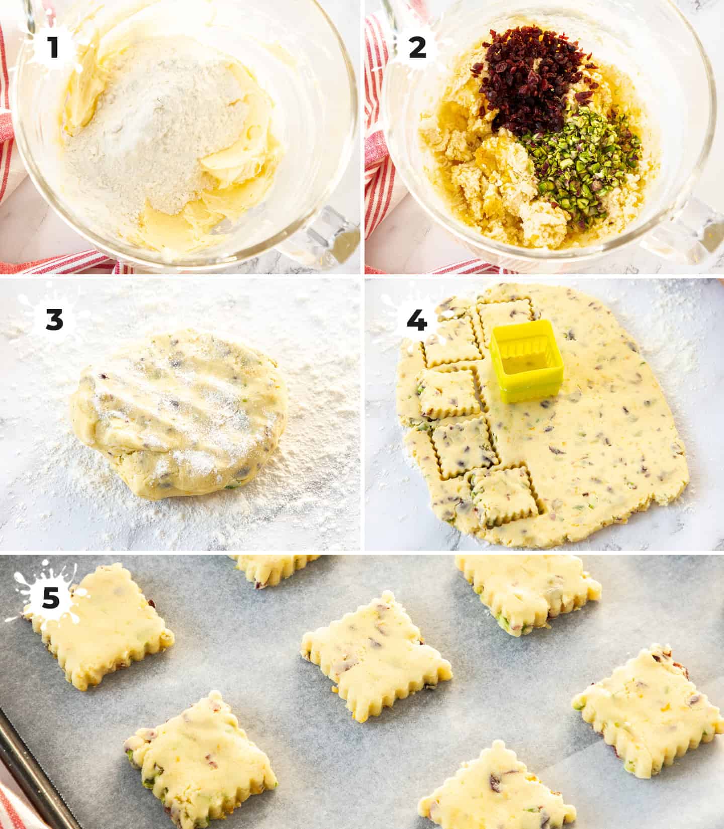 A collage of 5 images showing how to make the cookies.