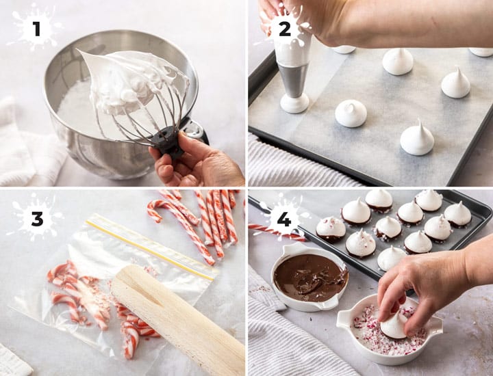 A collage of 4 images showing how to make peppermint meringues.