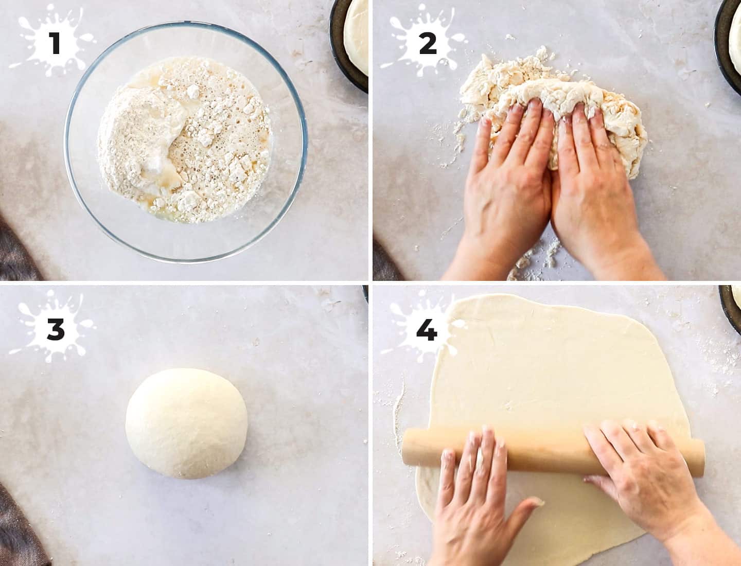A collage of 4 images showing how to prepare the dough for cheese focaccia.