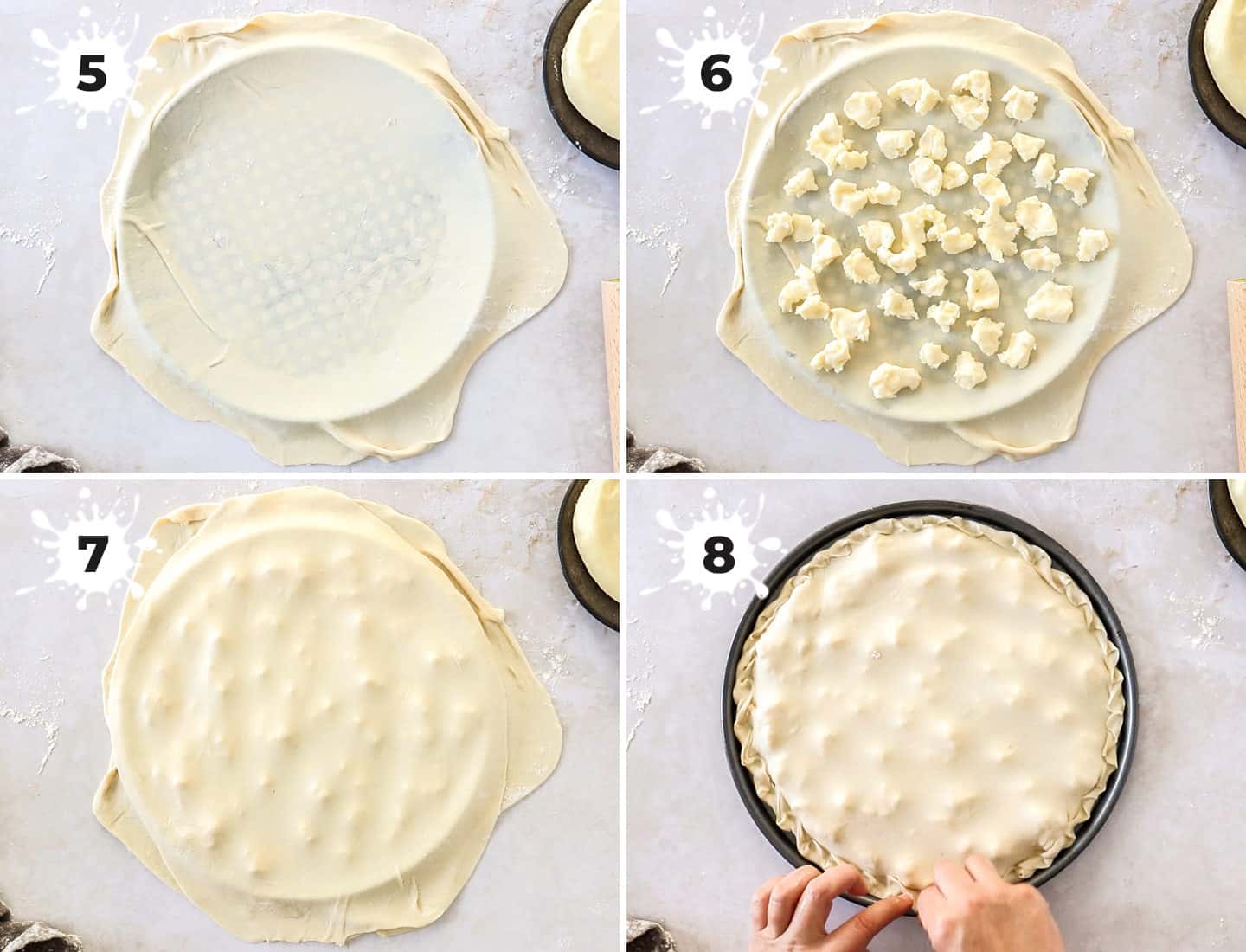 A collage of 4 images showing how to assemble focaccia di recco.