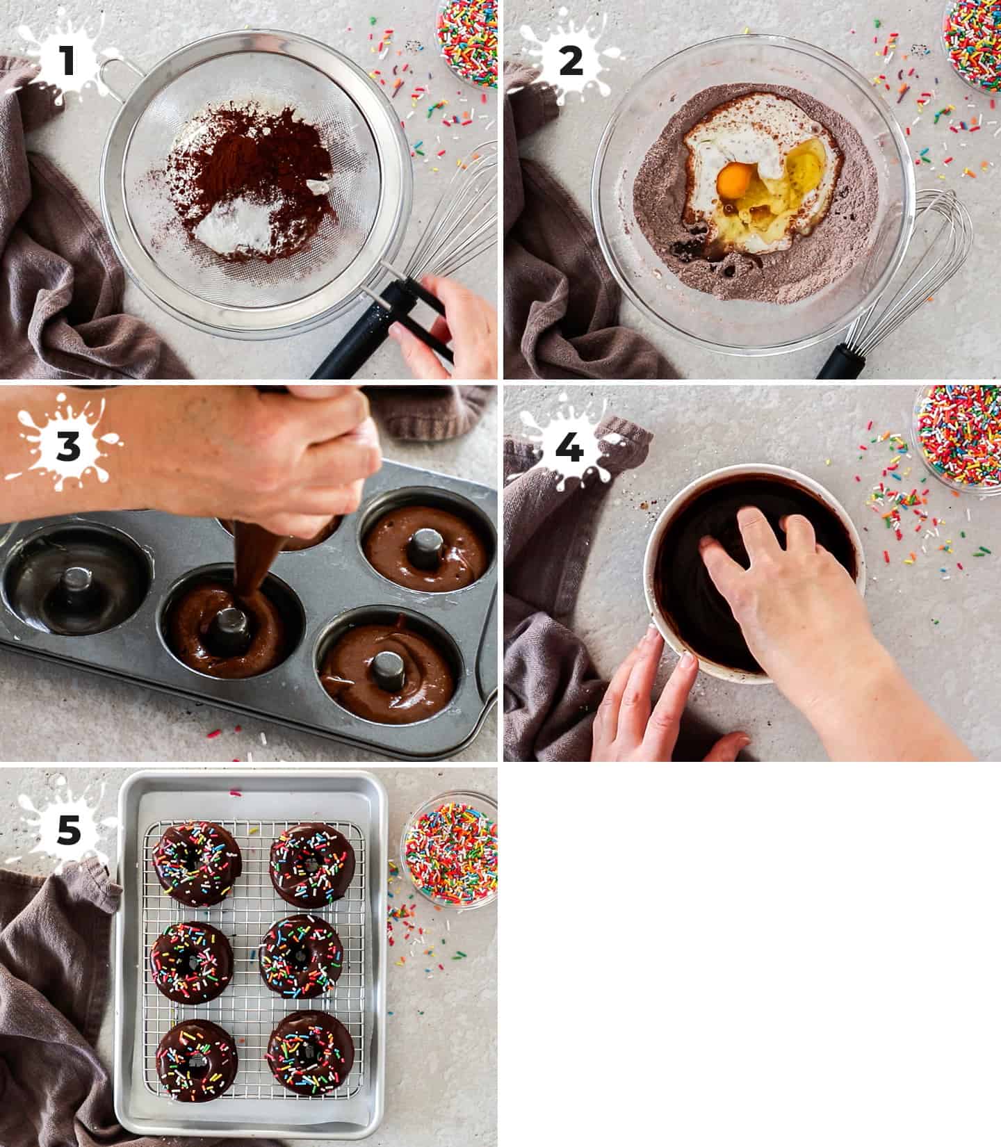 A collage of 5 images showing how to make chocolate sprinkle donuts.