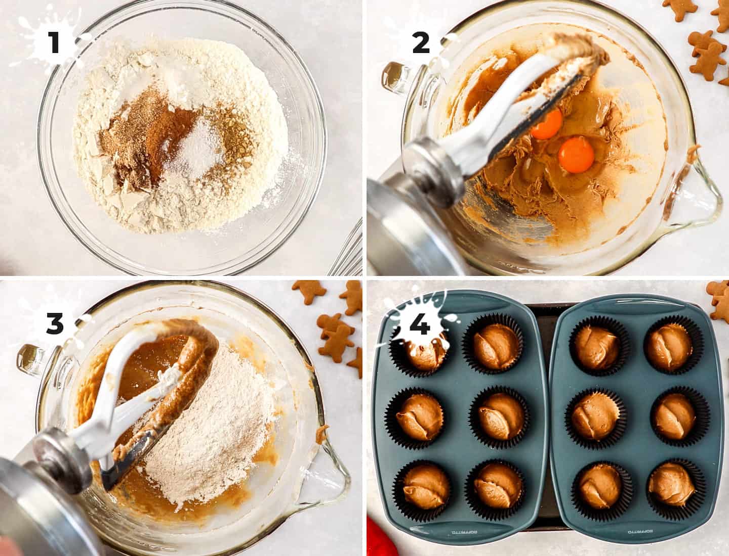 A collage of 4 images showing how to mix together the cupcake batter.