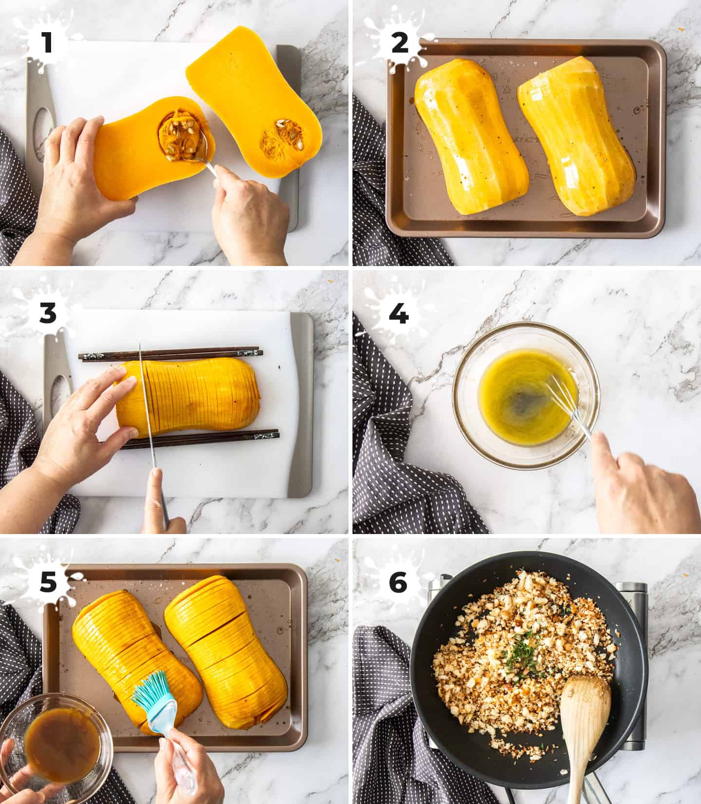 A collage of 6 images showing how to make hasselback butternut squash.