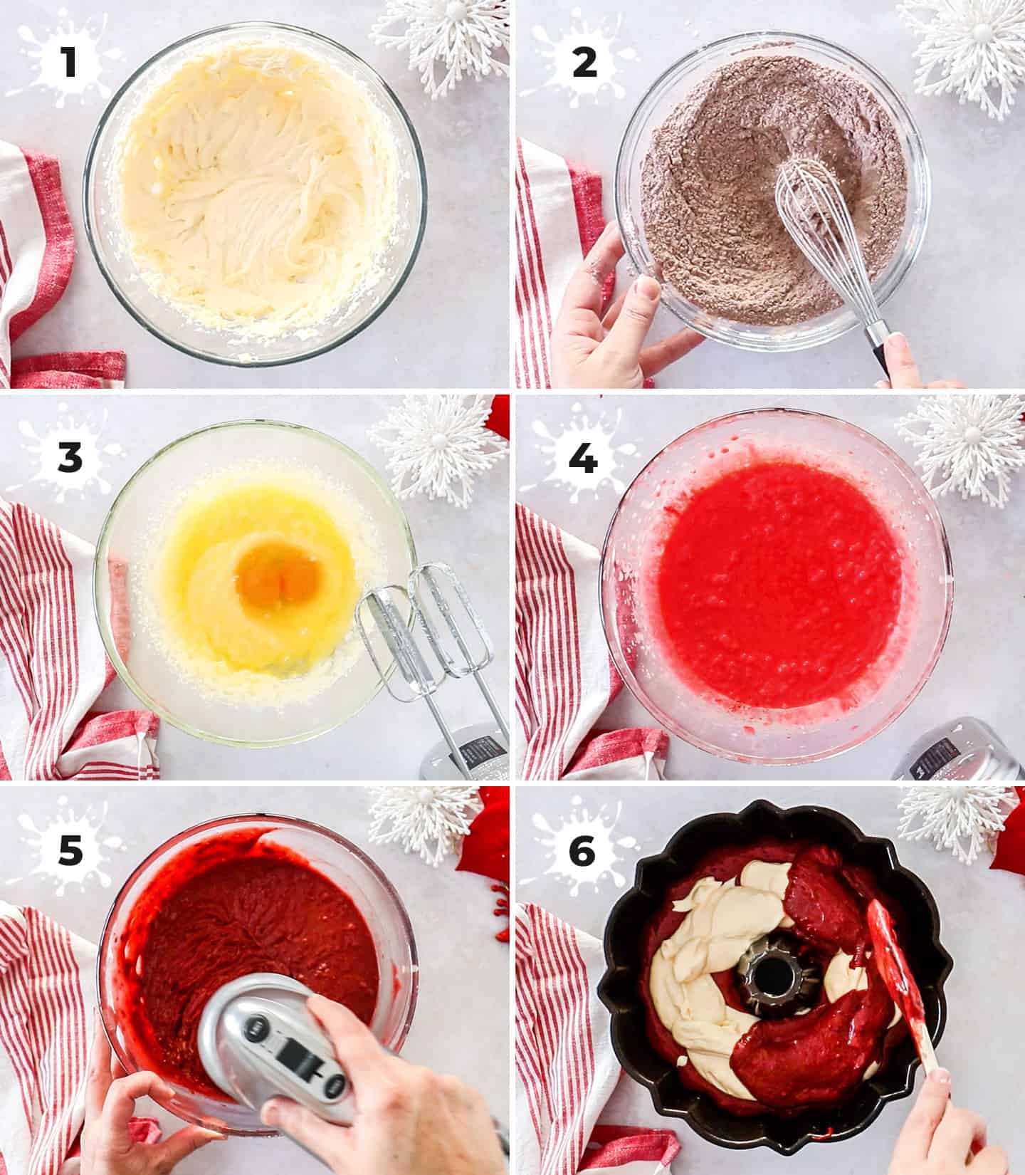 A collage of 6 images showing how to make red velvet bundt cake.