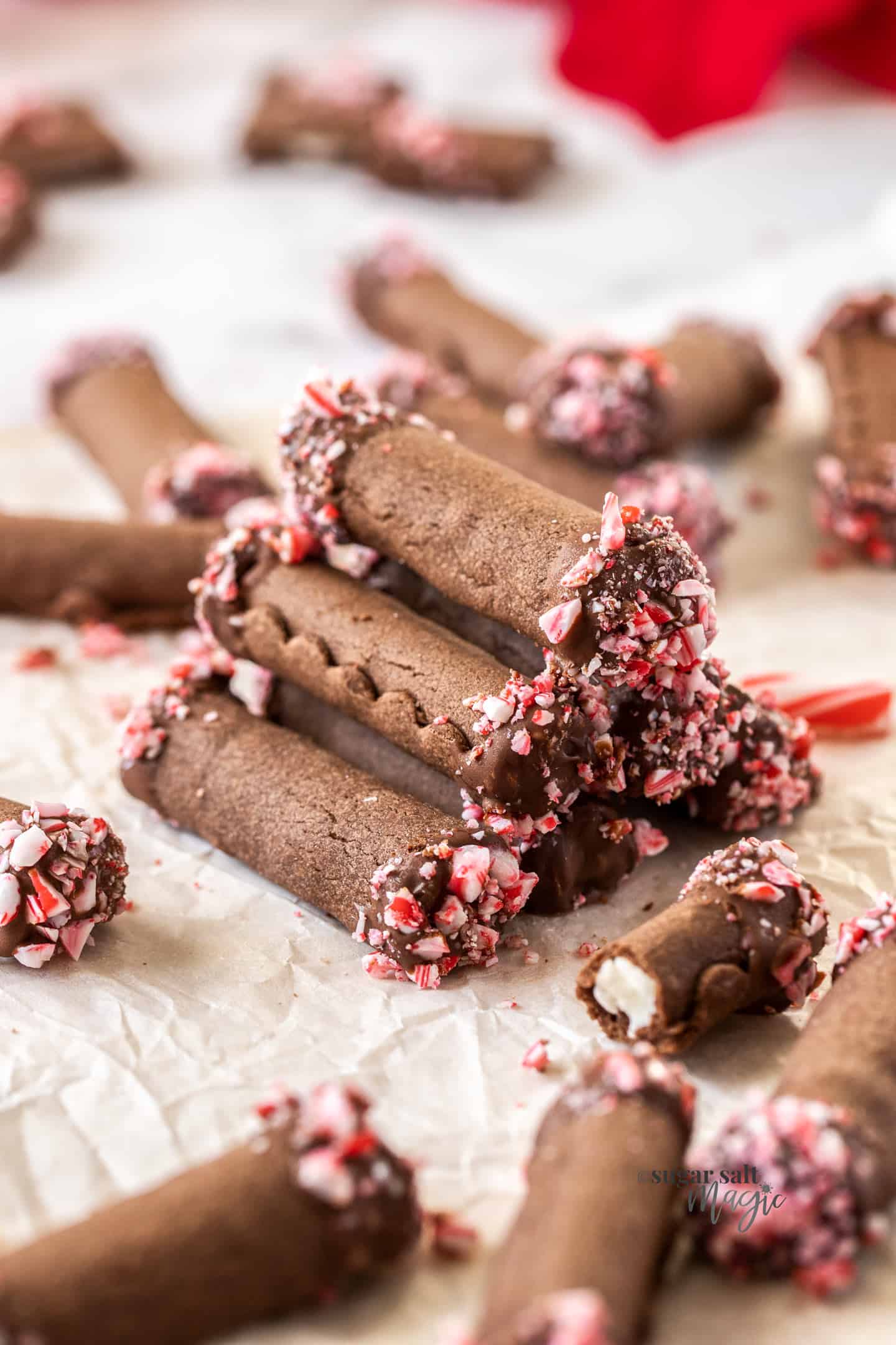 A pyramid stack of peppermint chocolate roll cookies.