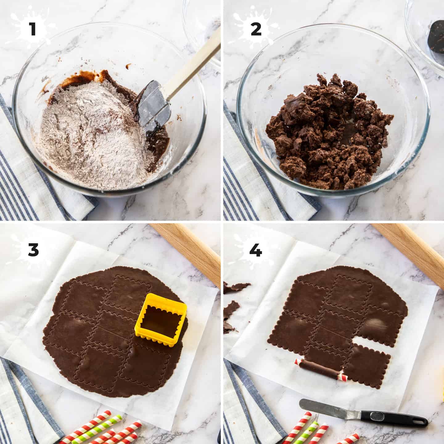 A collage of 4 images showing how to make the cookie dough and roll it out.