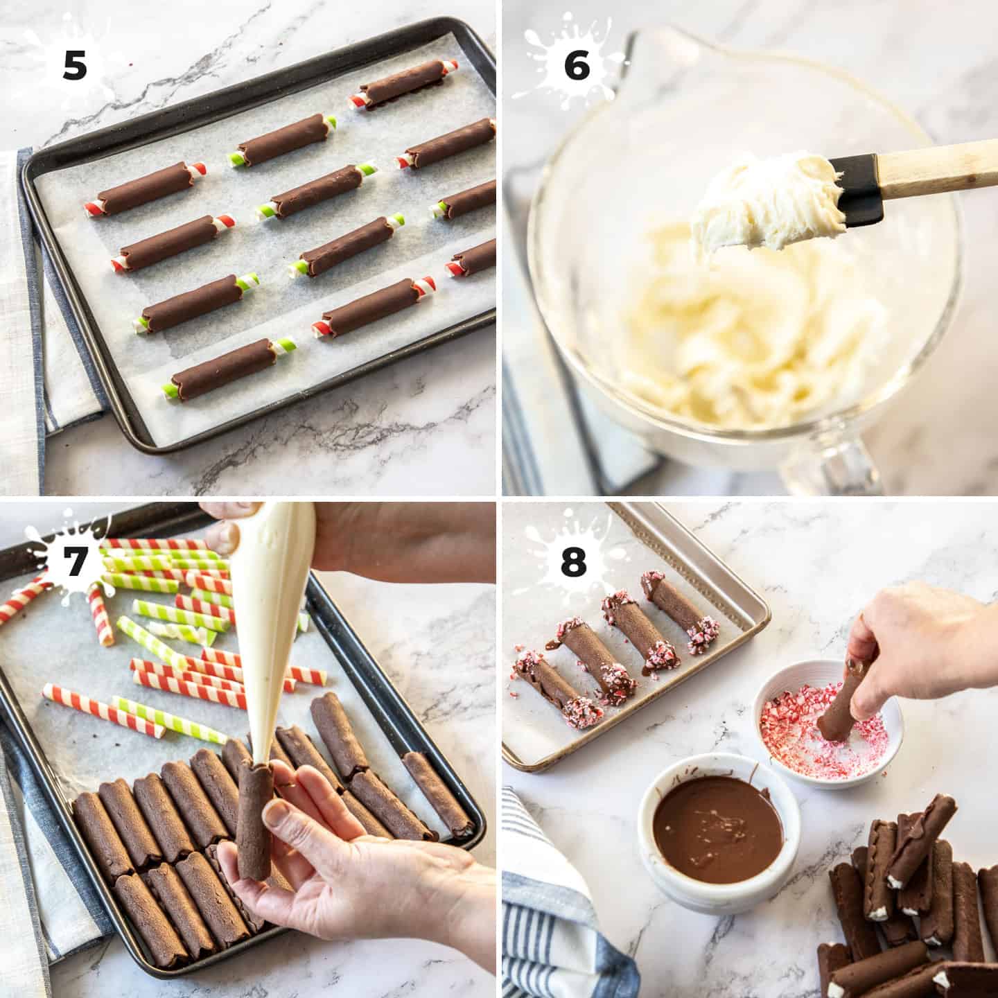 A collage of 4 images showing how to fill and decorate the cookies.