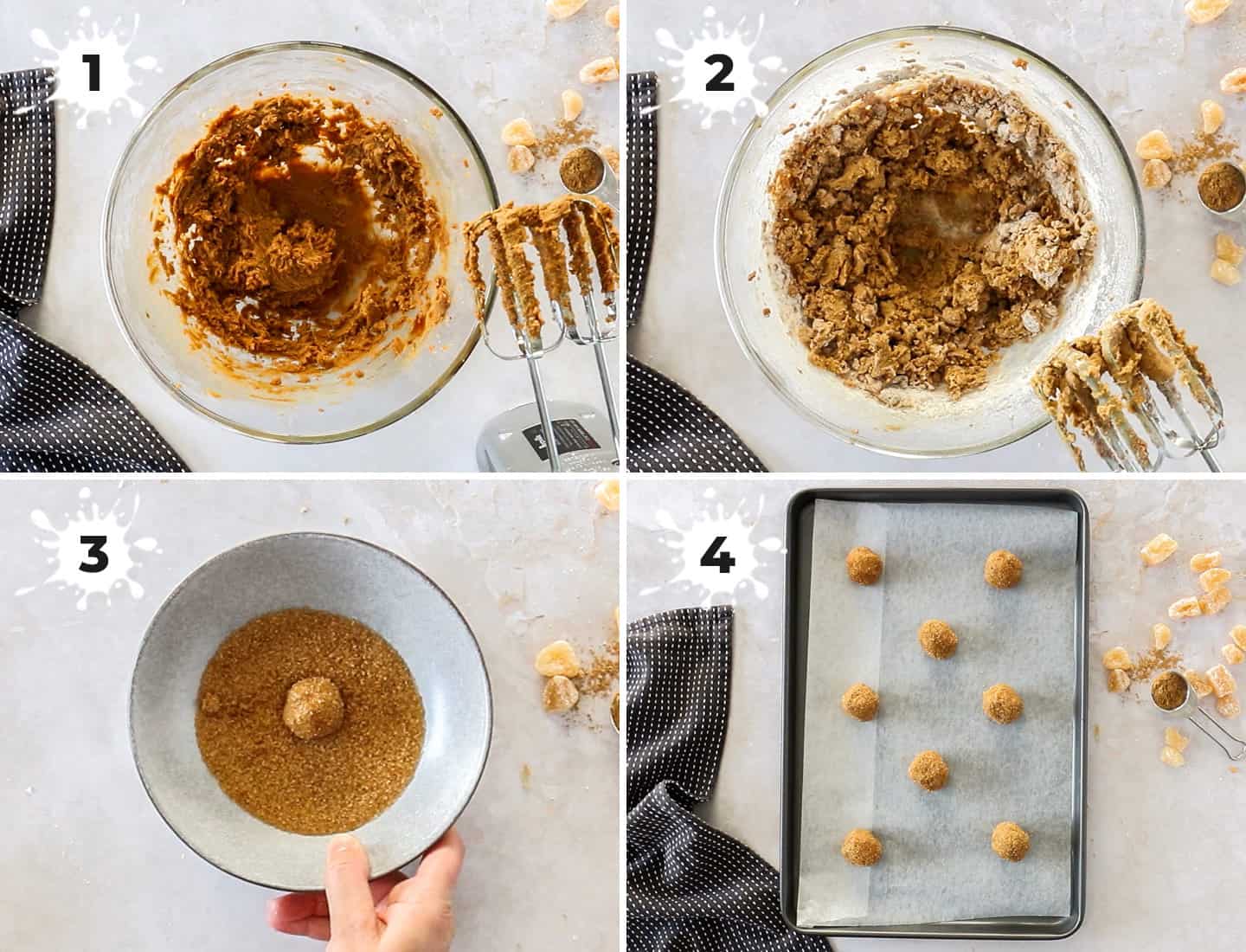 A collage of 4 images showing how to make ginger cookies.