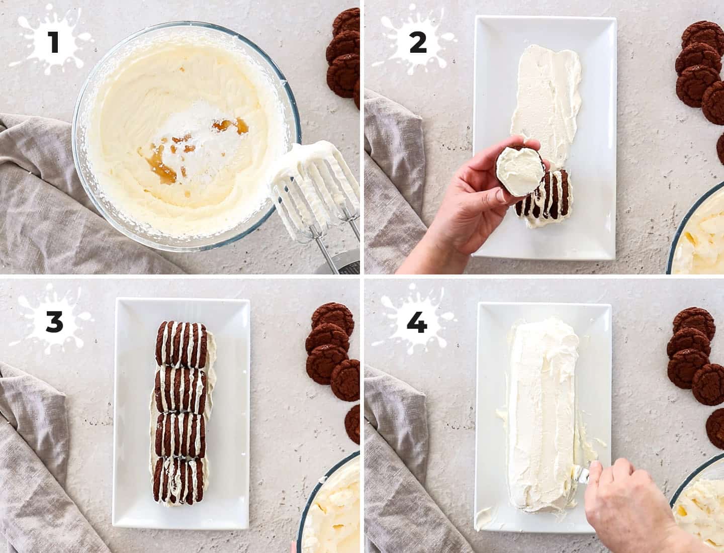 A collage of 4 images showing how to make choc ripple cake.