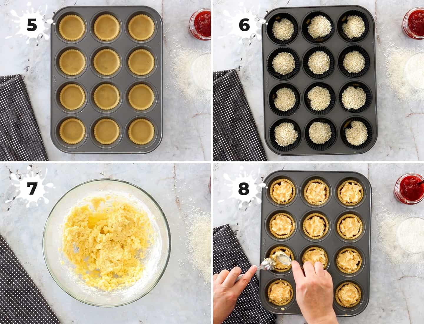A collage of 4 images showing how to make coconut tartlets.