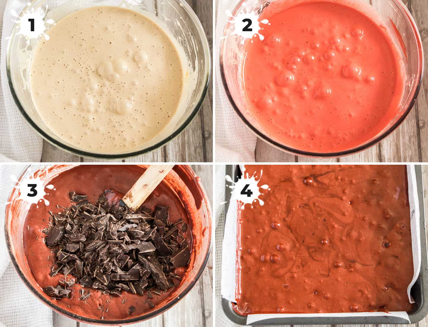 A collage of 4 images showing how to make the brownie batter.