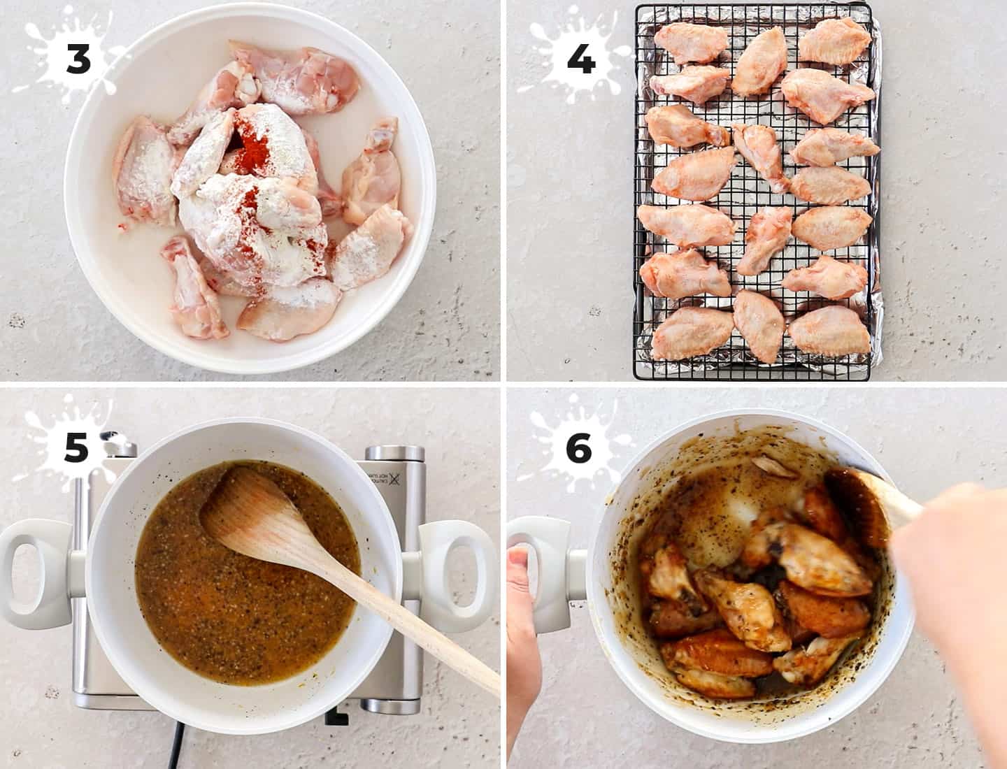 A collage of 4 images showing how to bake honey lemon pepper wings.