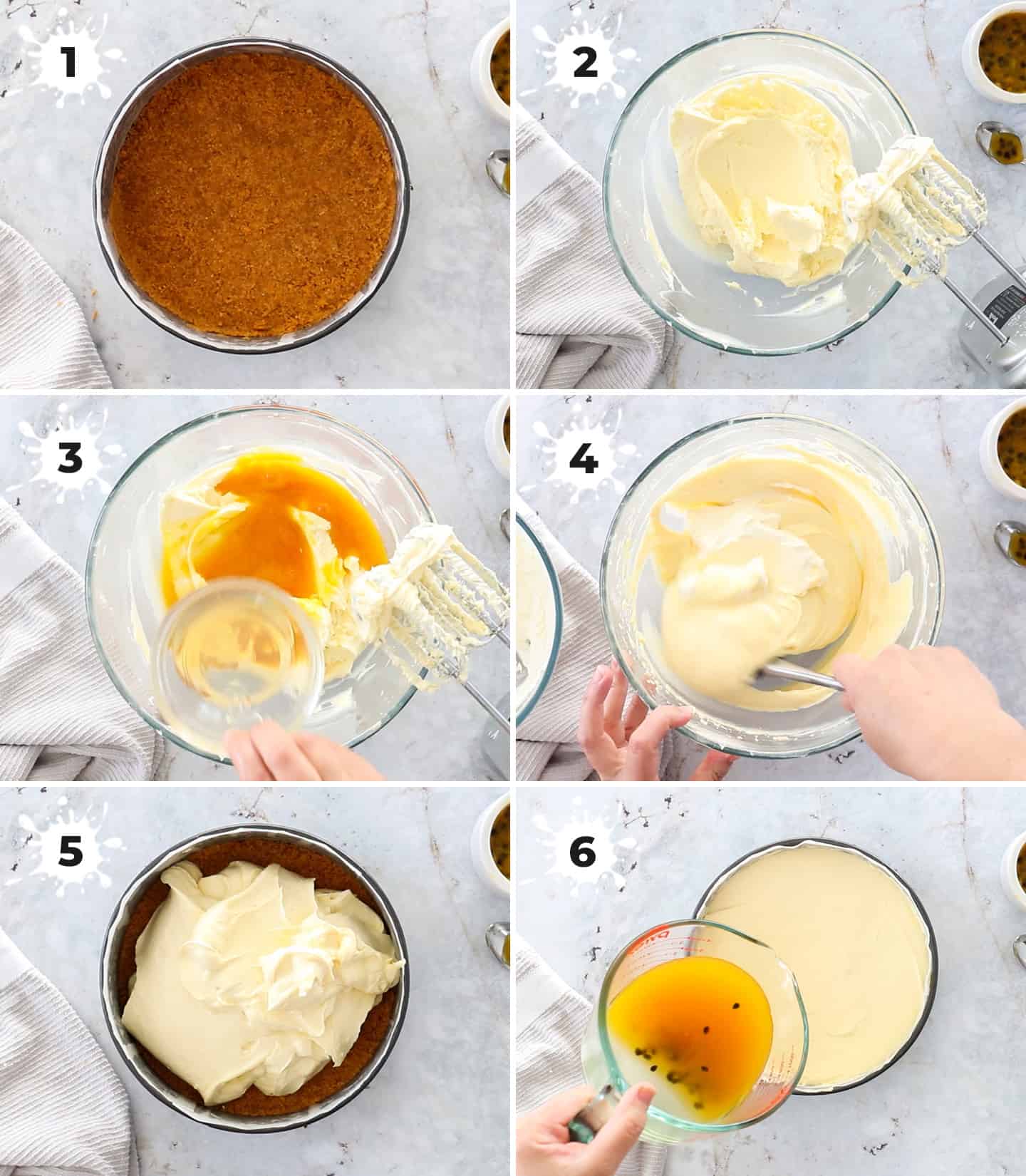 A collage of 6 images showing how to make passionfruit cheesecake.