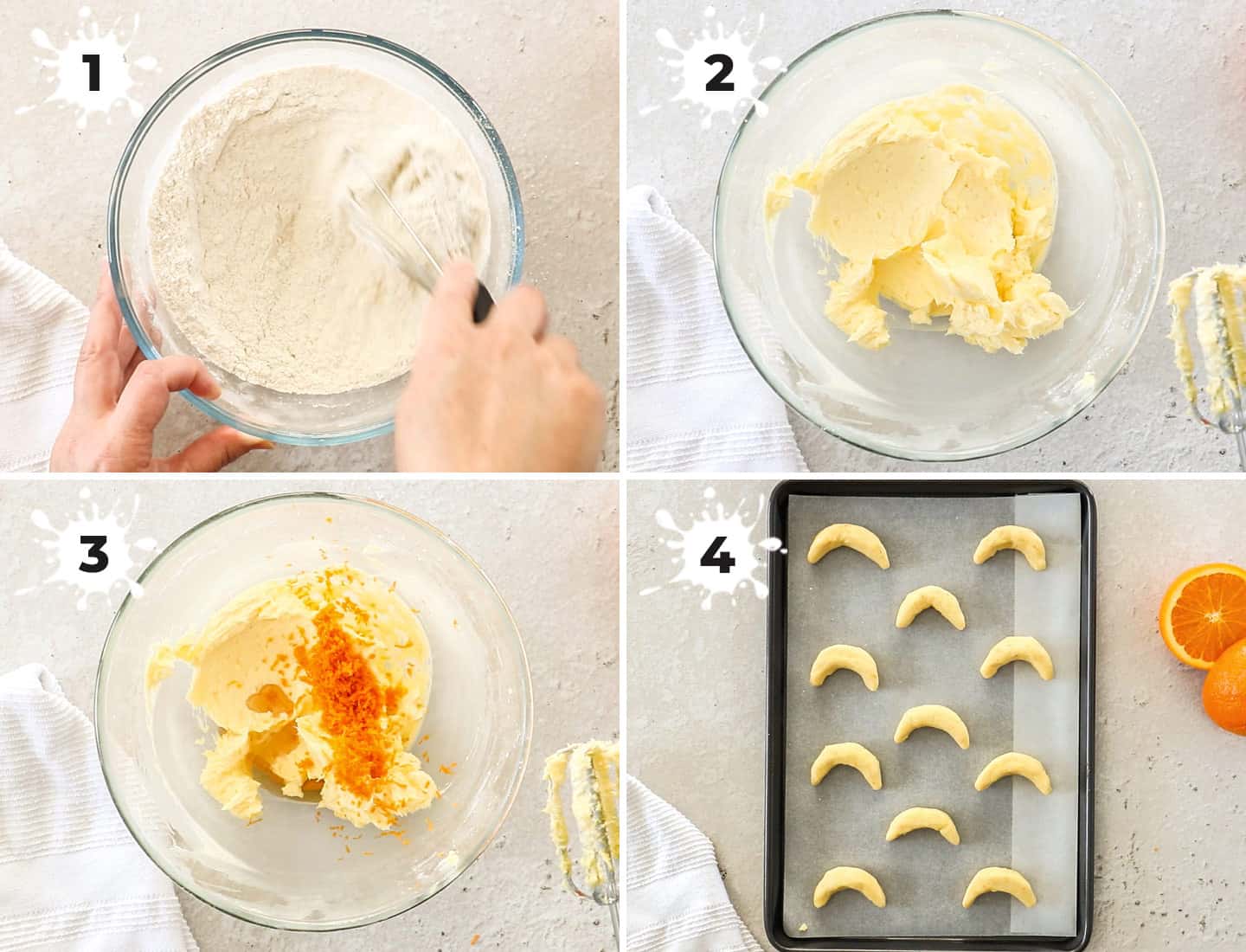 A collage of 4 images showing how to make orange almond crescent cookies.
