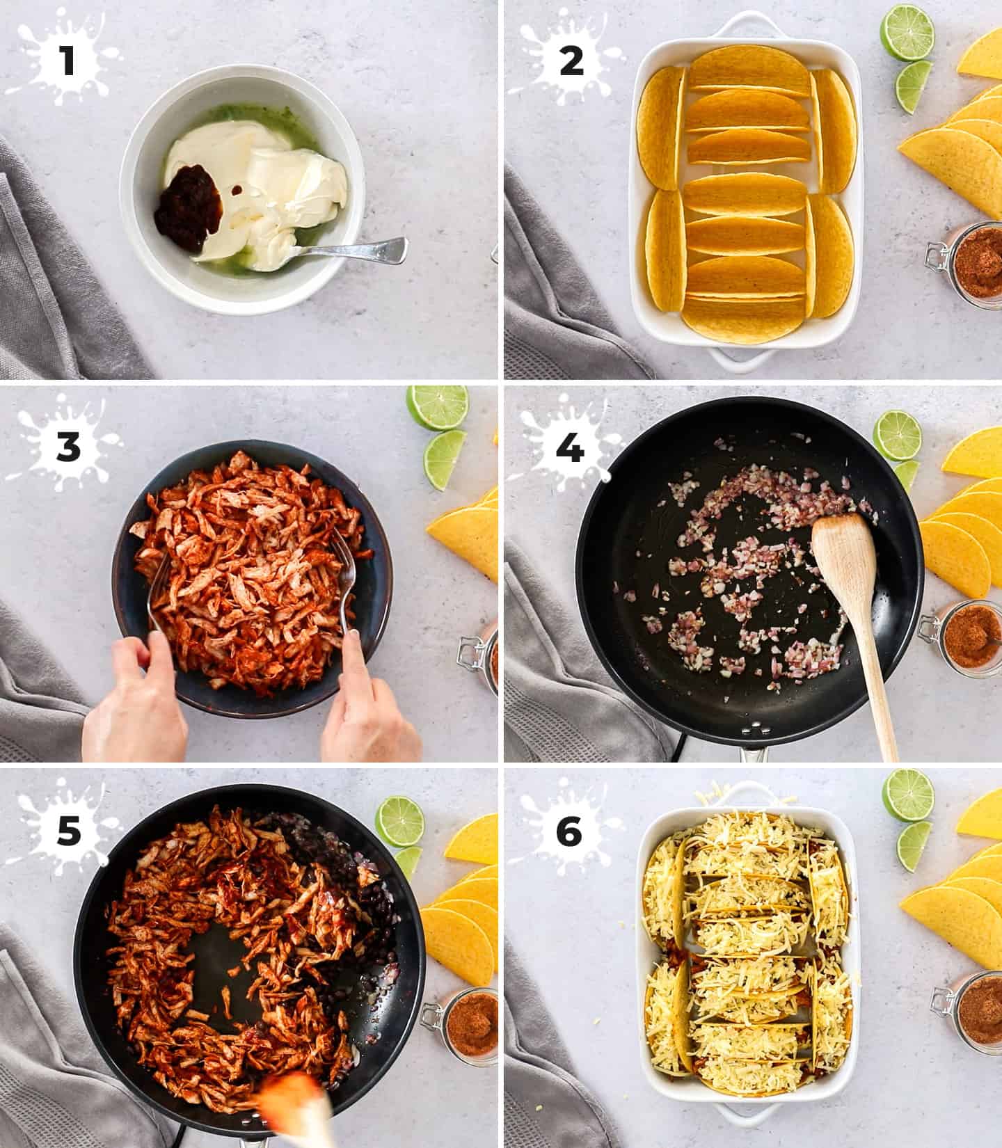 A collage of 6 images showing the steps to making baked chicken tacos.