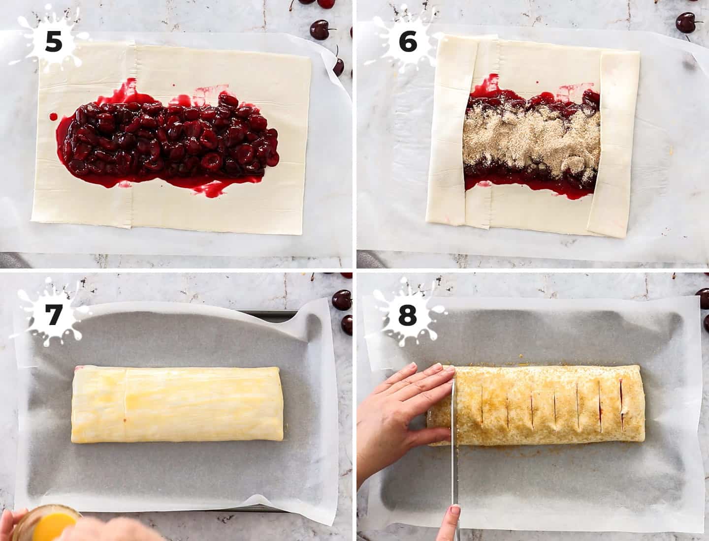 A collage of 4 images showing how to fill and roll the strudel.