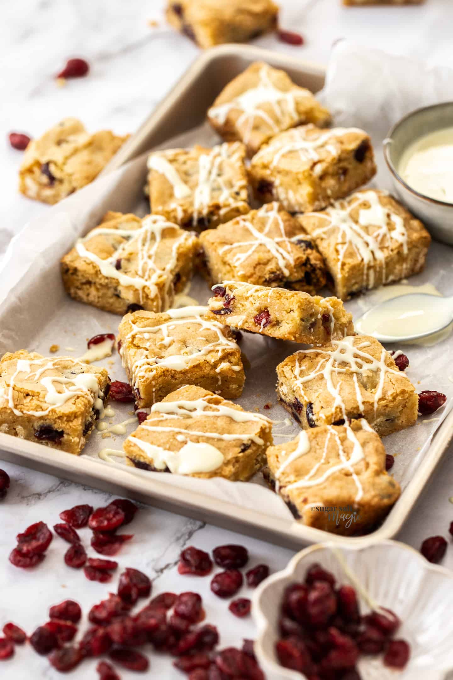 A batch of blondies surrounded by dried cranberries and a pot of white chocolate.