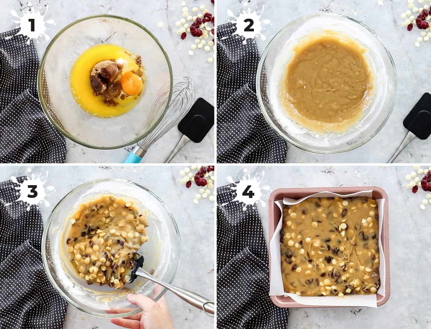 A collage of 4 images showing how to make white chocolate cranberry blondies.