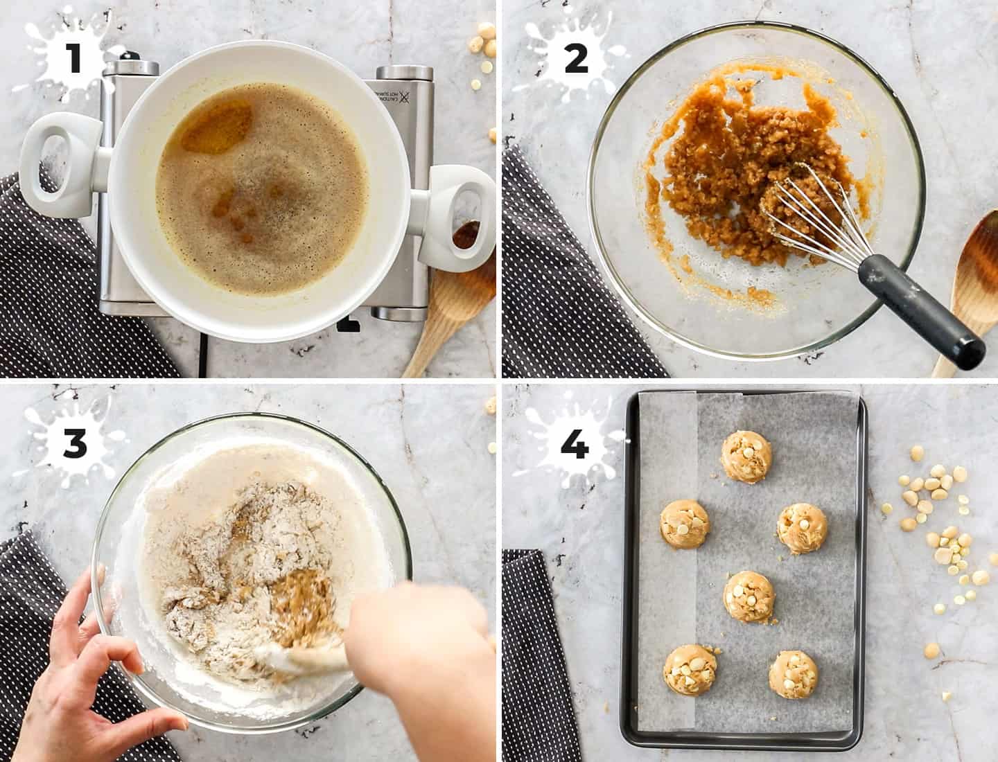 A collage of 4 images showing how to make white chocolate macadamia cookies.
