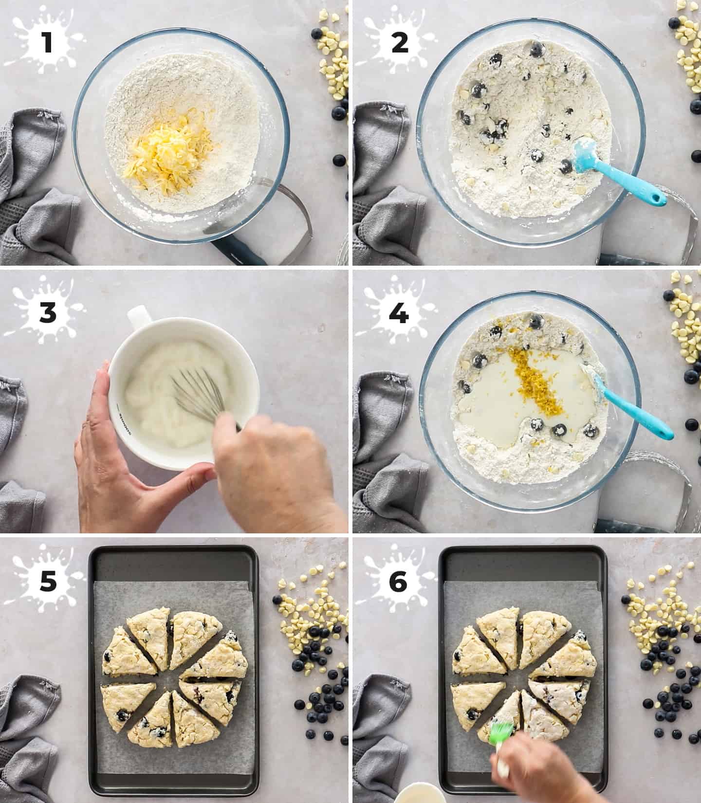 A collage of 6 images showing how to make blueberry white chocolate scones.
