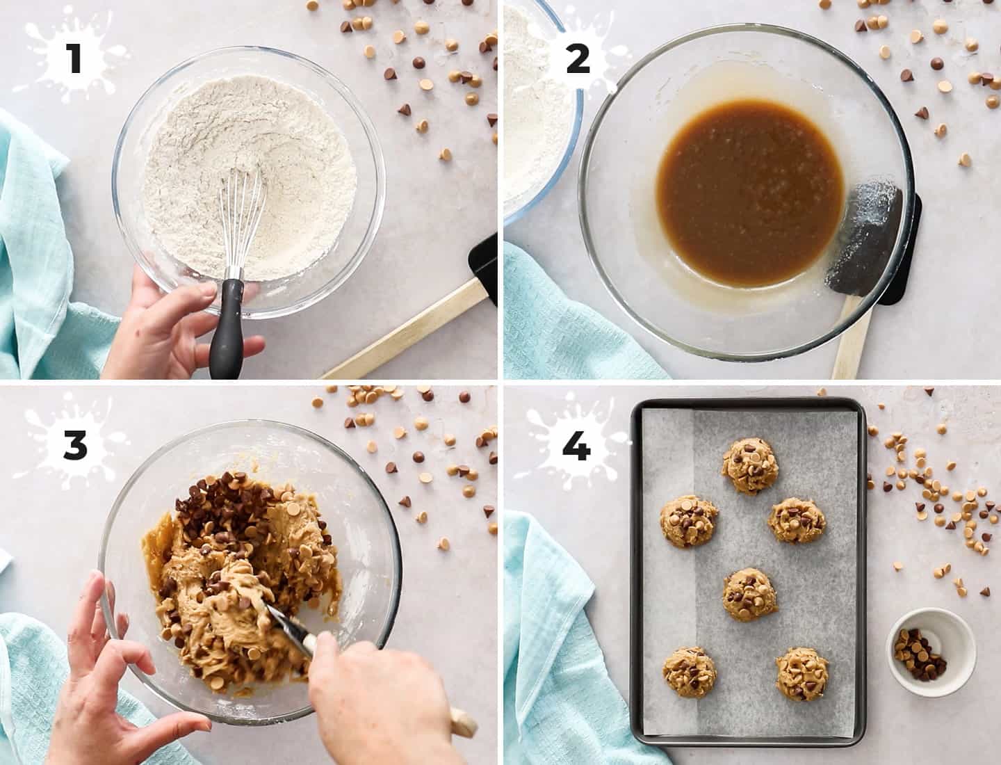 A collage of 4 images showing how to make caramilk cookies.