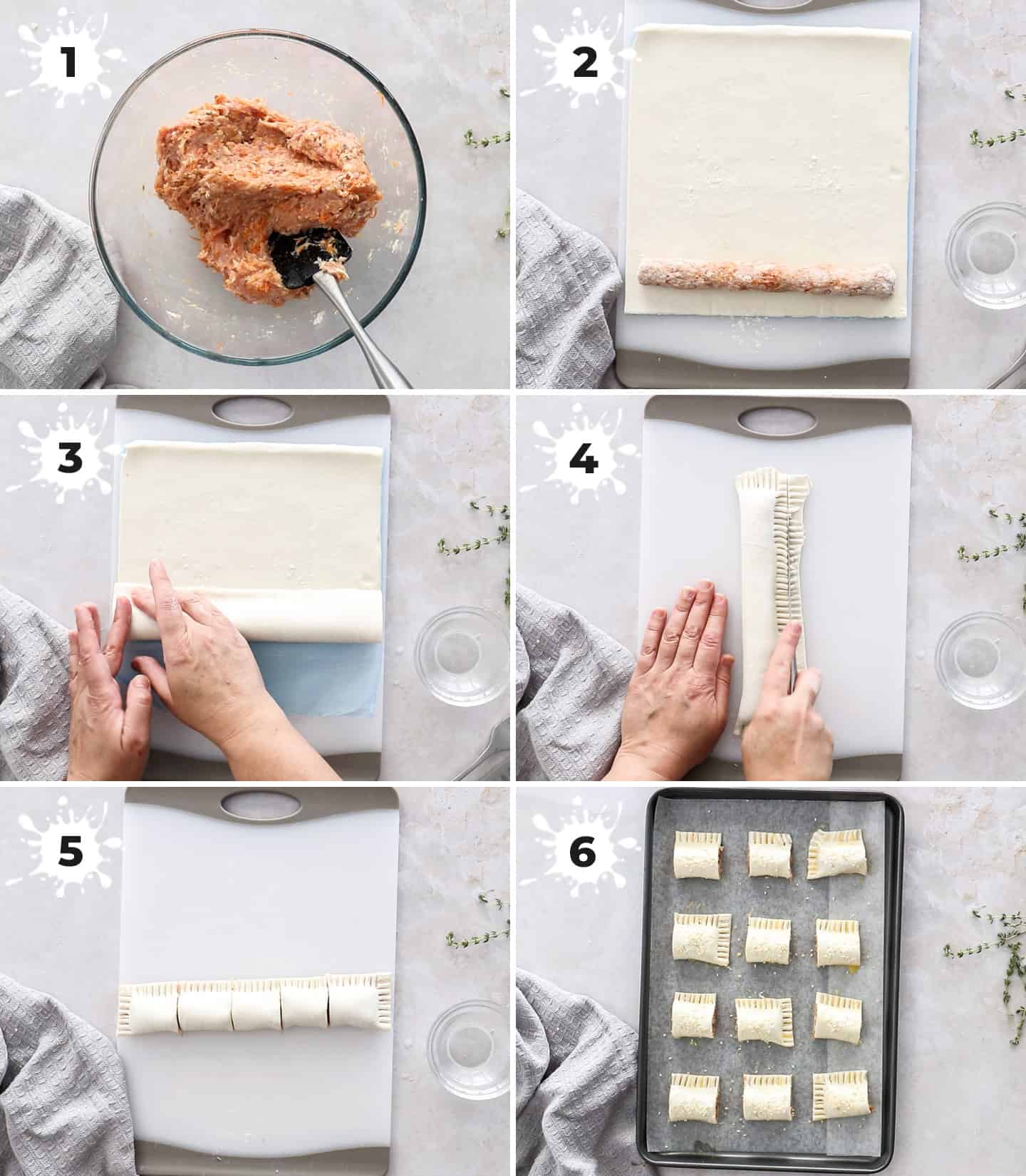 A collage of 6 images showing how to make chicken sausage rolls.