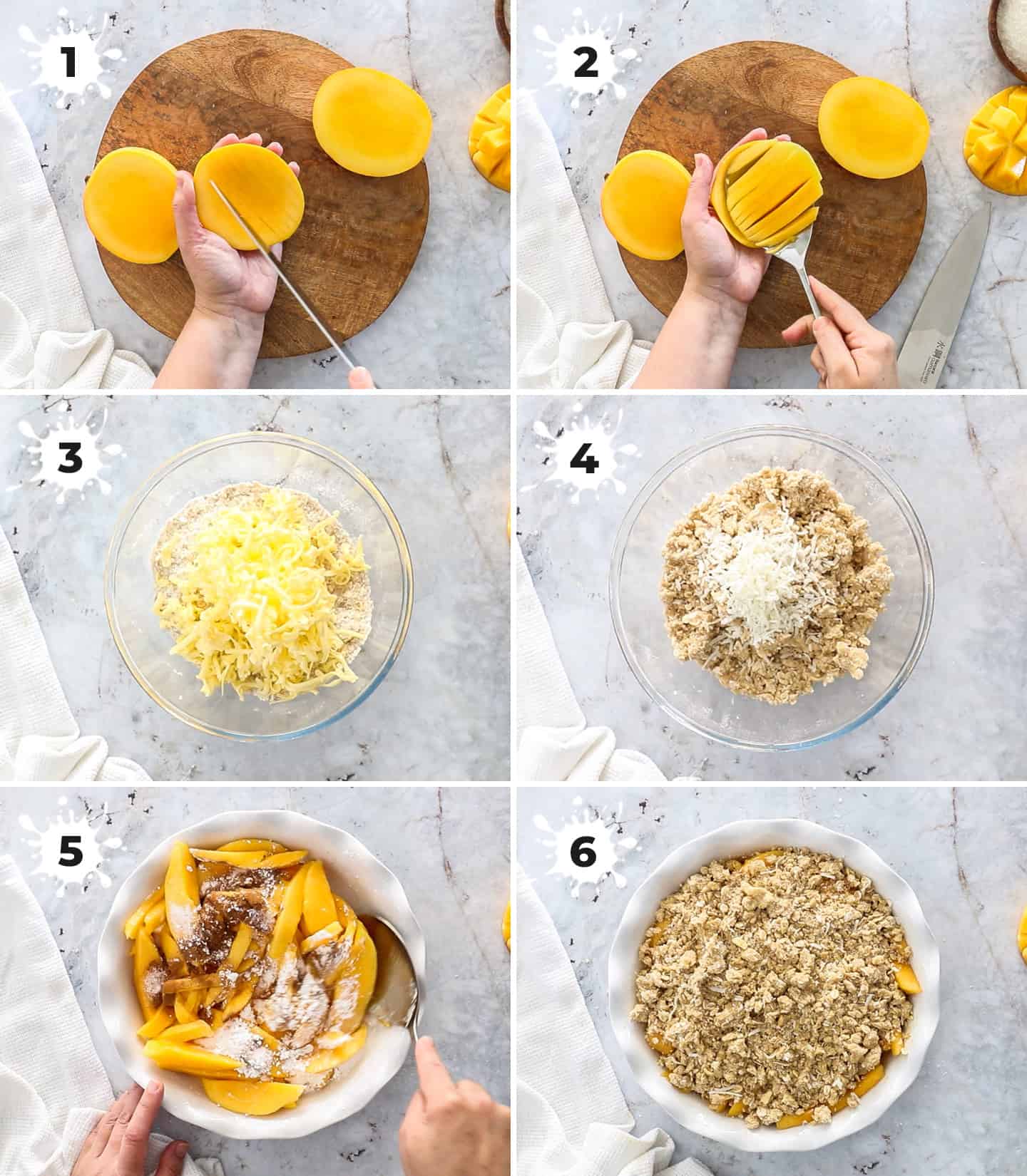 A collage of 6 images showing how to make mango crumble.