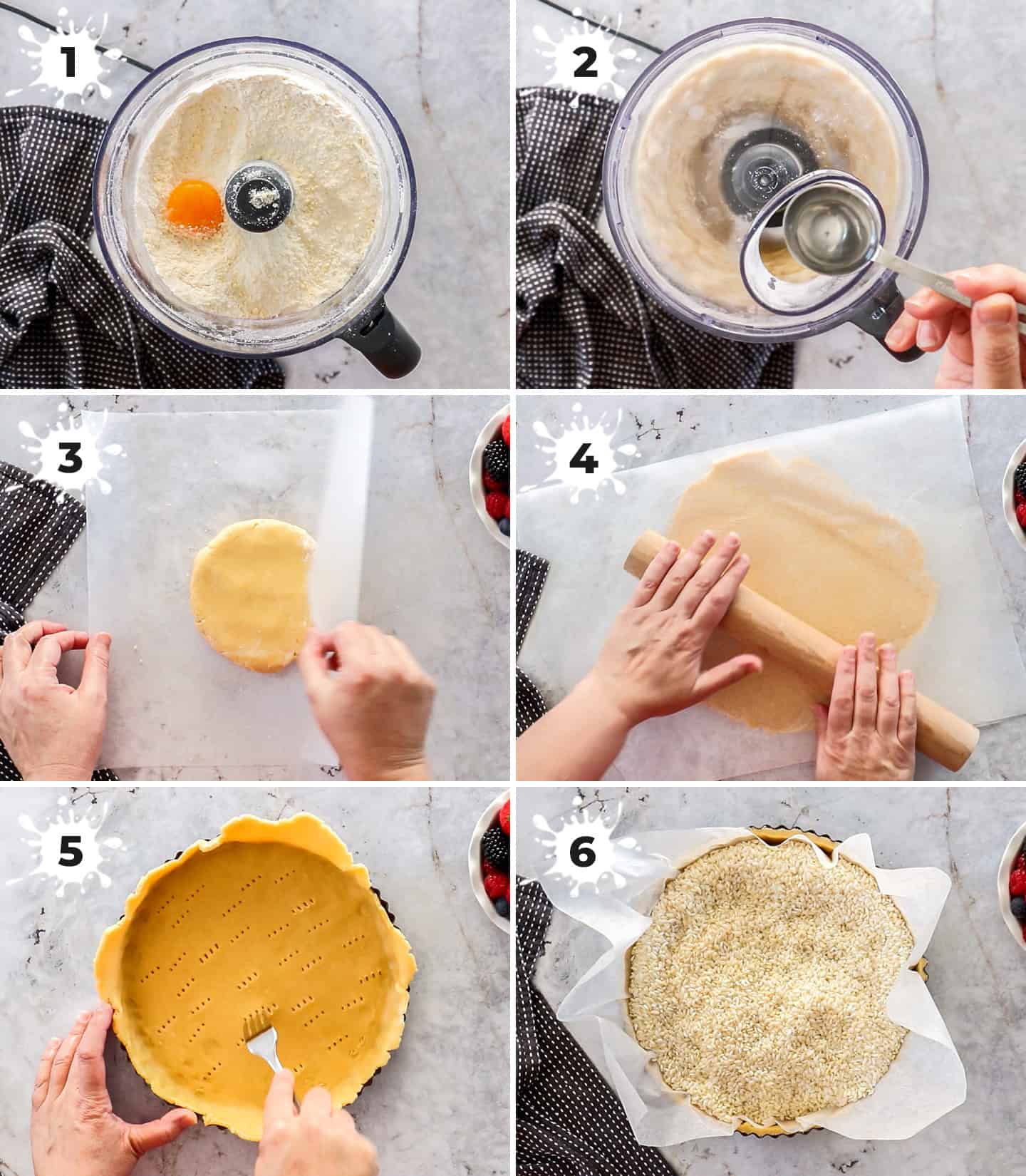 A collage of 6 images showing how to make and prep the tart dough.