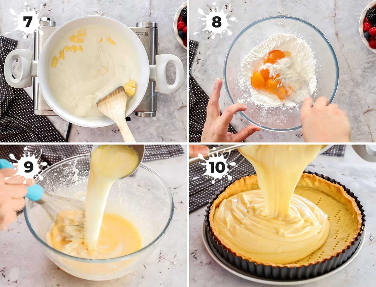 A collage of 4 images showing how to make the custard tart filling.