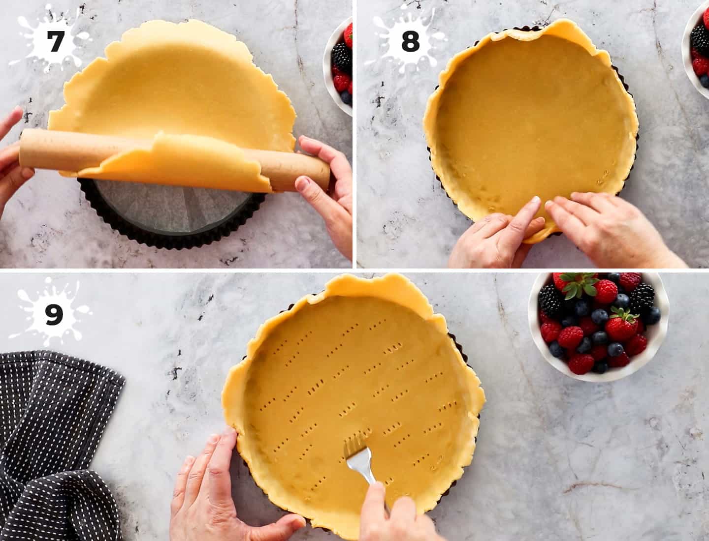 A sheet of pastry being pressed into a round tart tin.