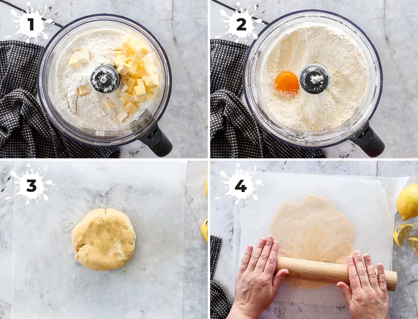 A collage of 4 images showing how to make shortcrust pastry.