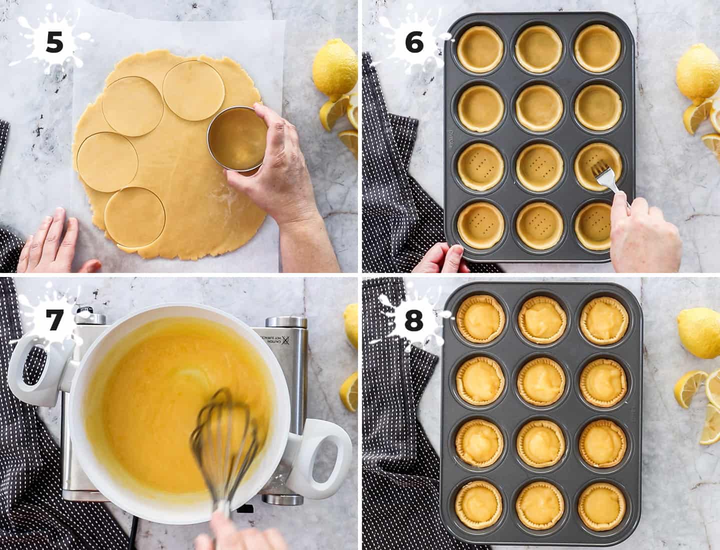 A collage of 4 images showing how to assemble lemon tartlets.