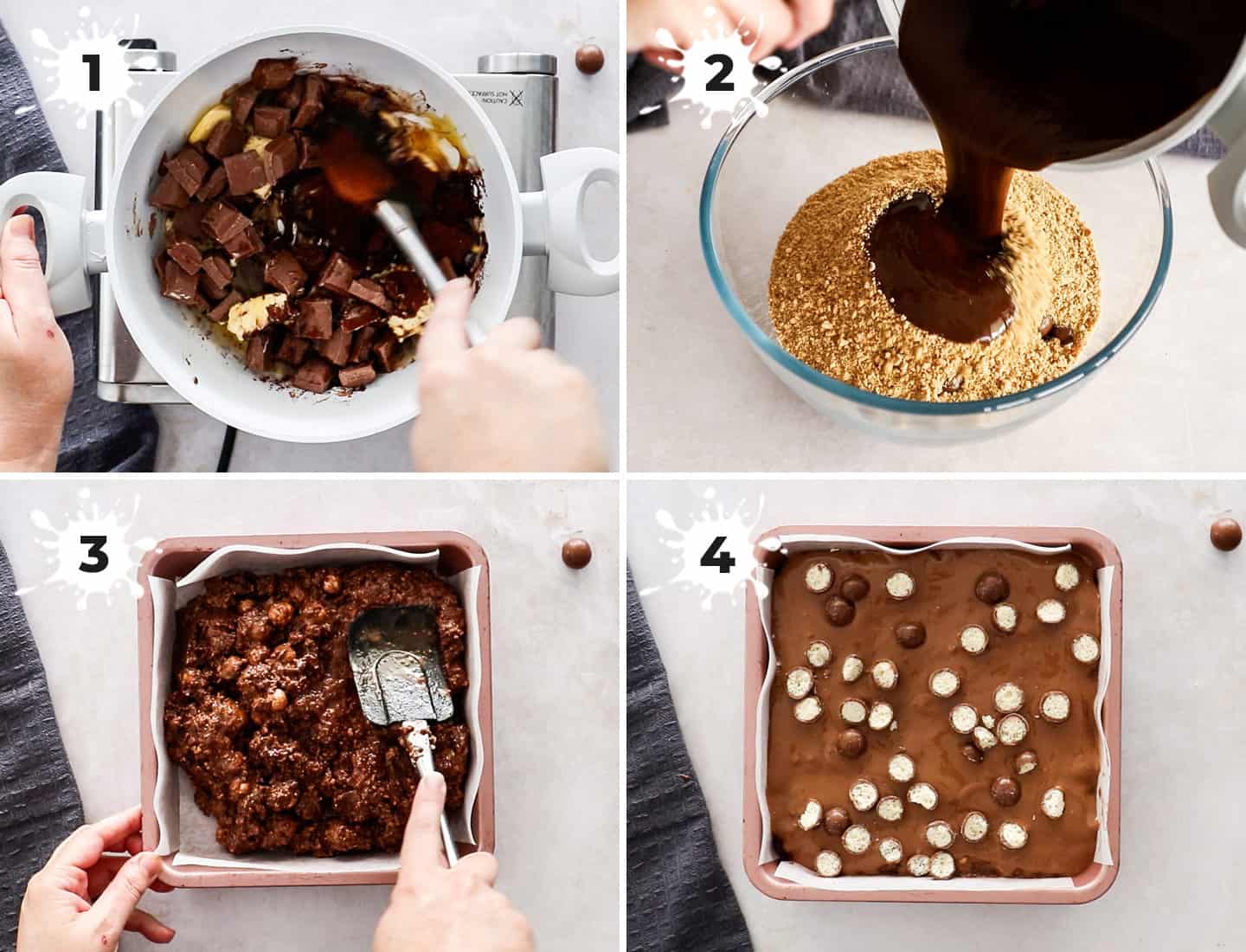 A collage of 4 images showing how to make Malteser Traybake.