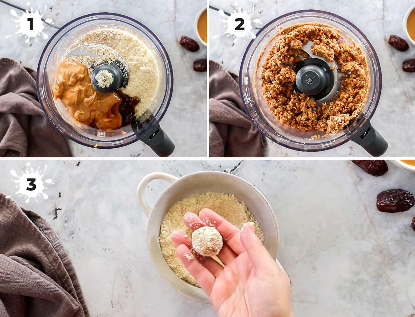 A collage of 3 images showing how to make peanut butter bliss balls.