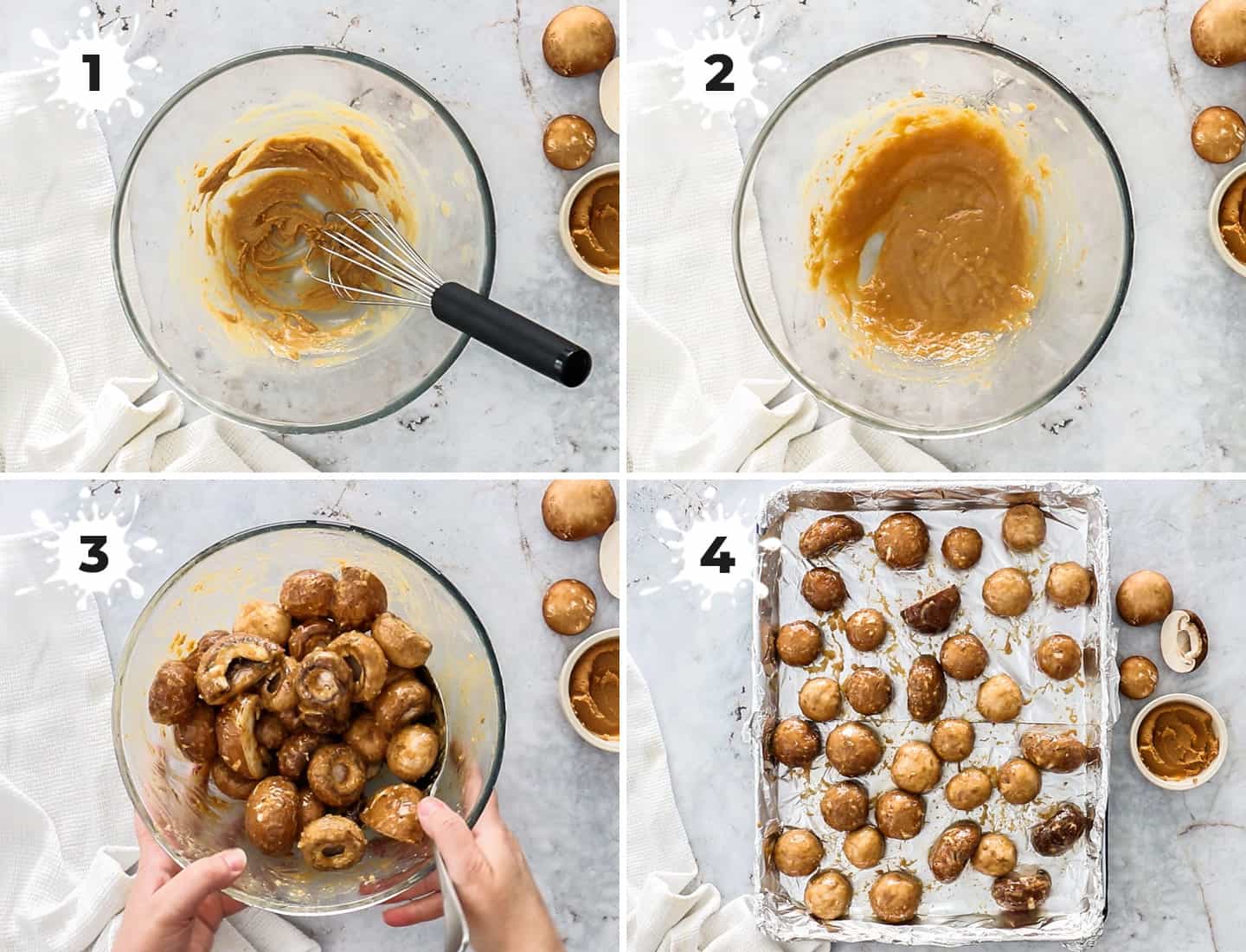 A collage of 4 images showing how to make miso mushrooms.