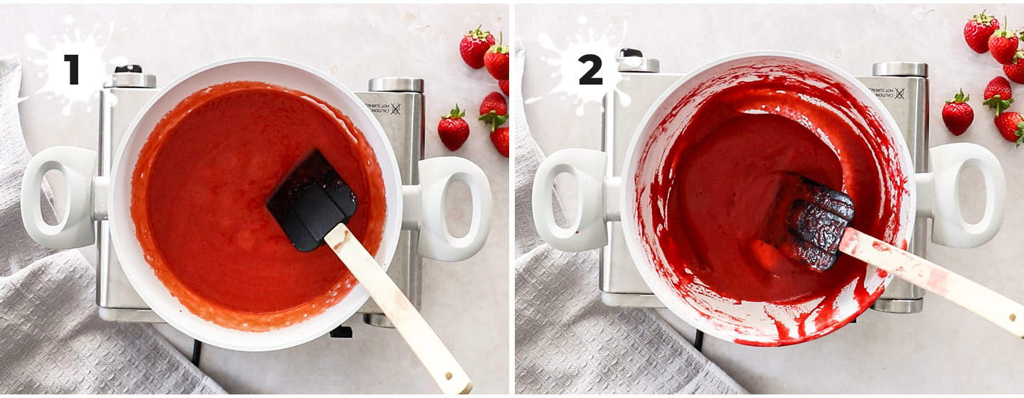 Strawberry puree in a saucepan.