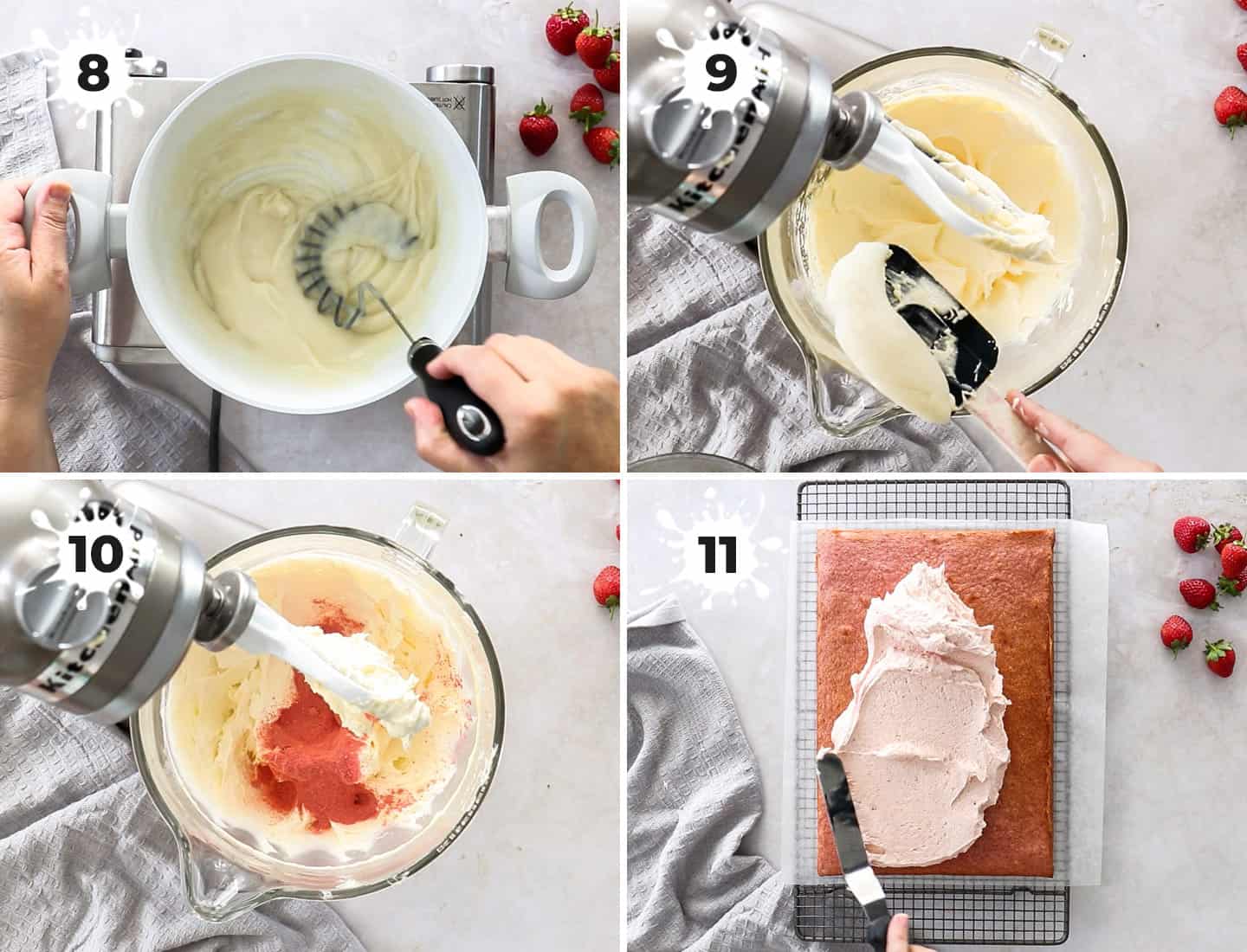 A collage of 4 images showing how to make the strawberry frosting.