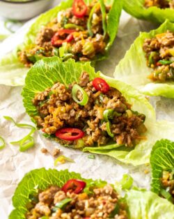 Lettuce leaves filled with san choy bow meat filling.