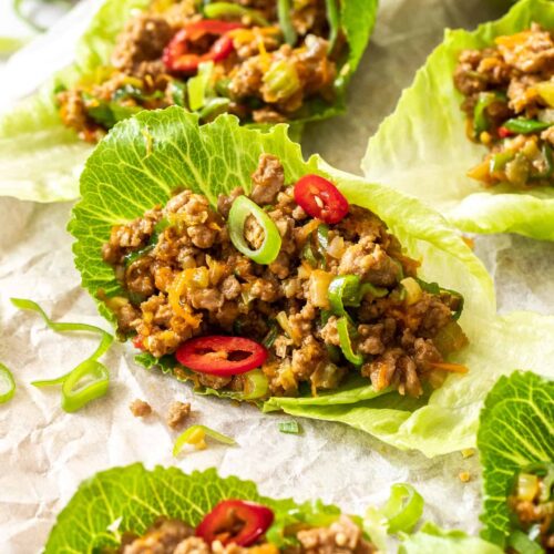 Lettuce leaves filled with san choy bow meat filling.