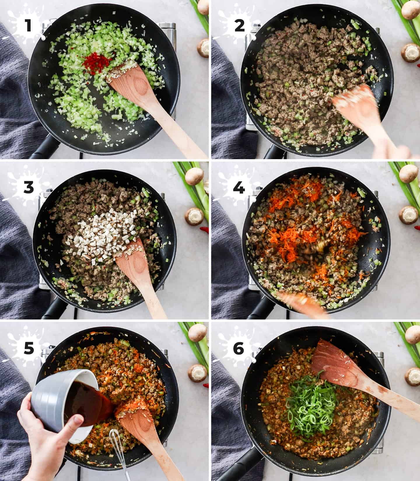A collage of 6 images showing how to cook turkey san choy bow.