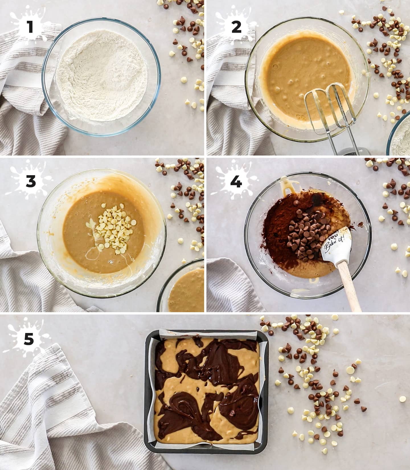 A collage of 5 images showing how to make brownie blondies.