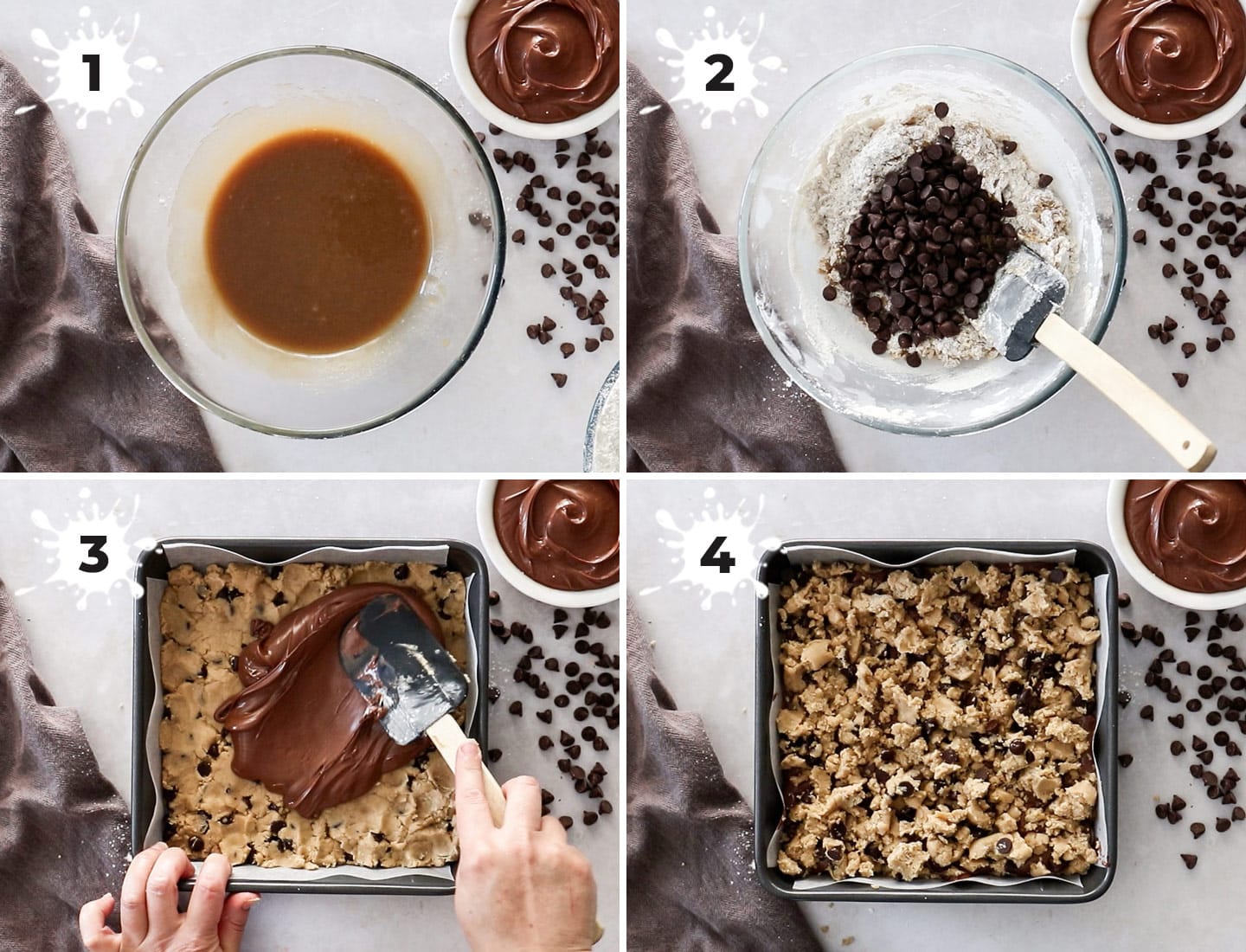 A collage of 4 images showing how to make chocolate chip nutella bars.