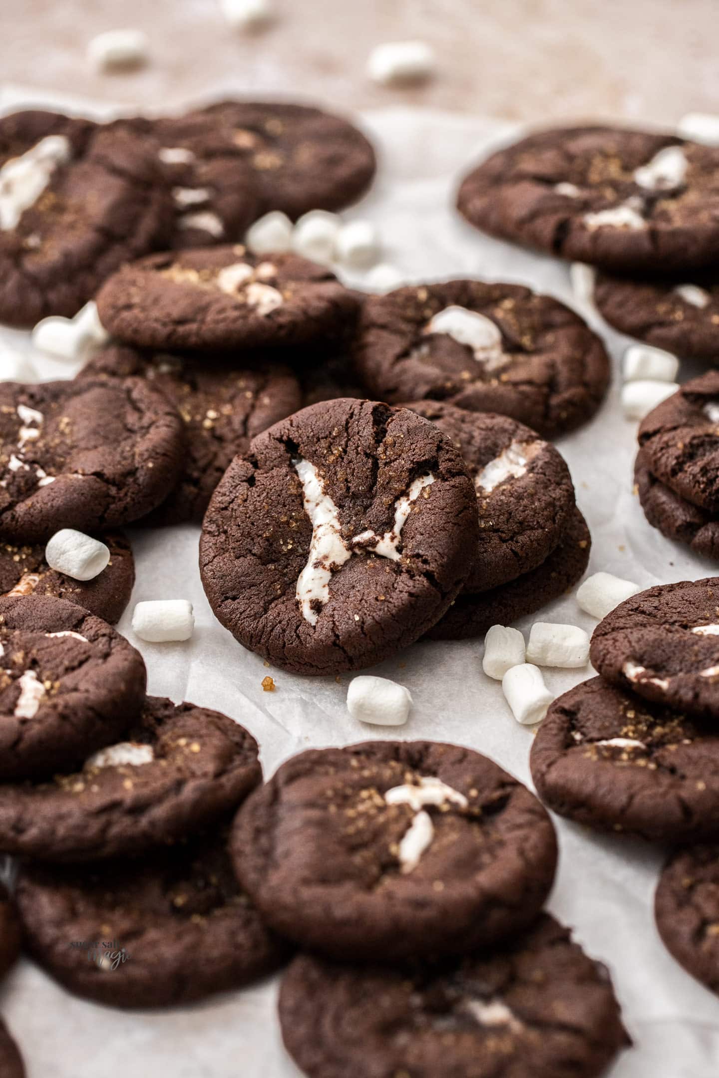A small stack of chocolate marshmallow cookies, surrounded by more.