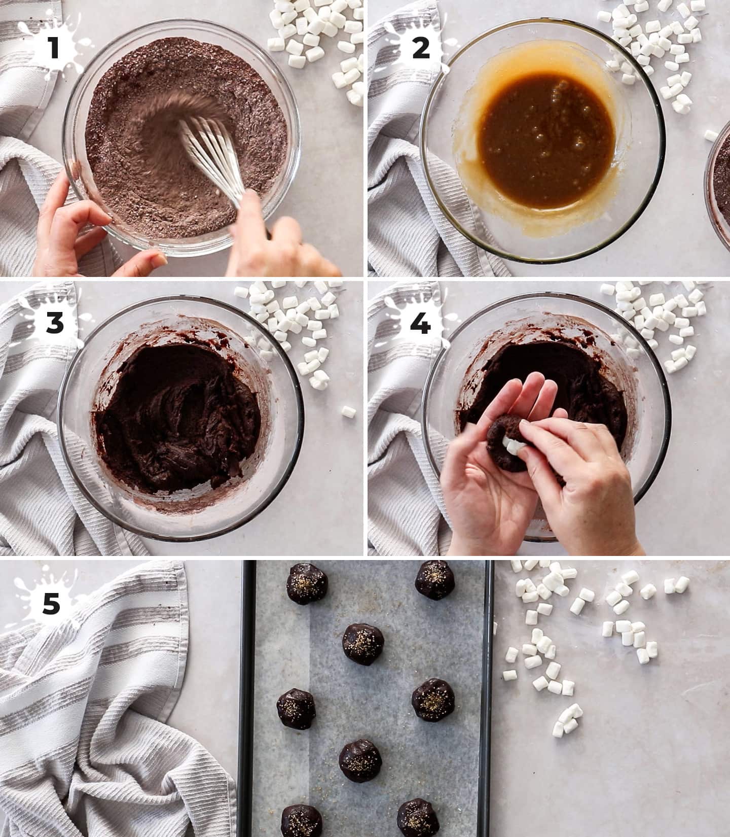 A collage of 5 images showing how to make chocolate marshmallow cookies.