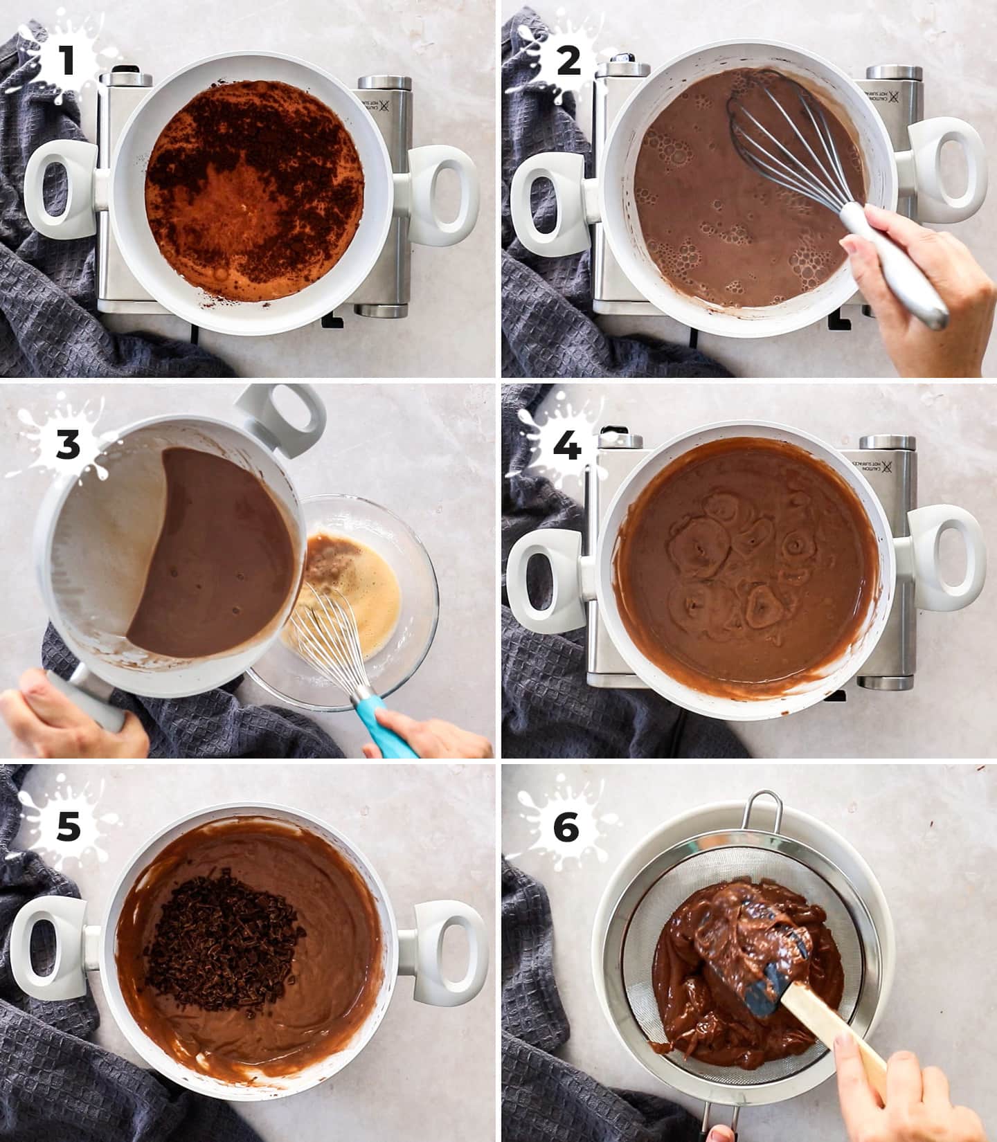 A collage of 6 images showing how to make chocolate pastry cream.
