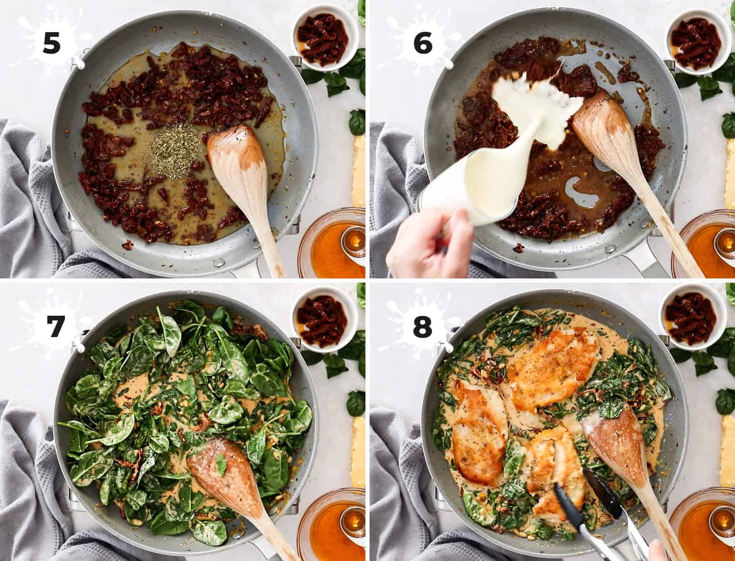A collage of 4 images showing how to finish making tuscan chicken.