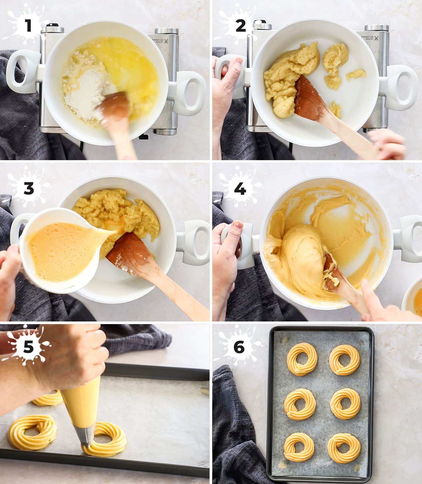 A collage of 6 images showing how to make choux pastry.